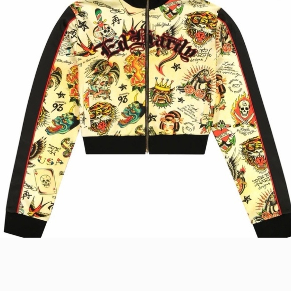 Ed Hardy Womens Tattoo Print Track Cropped Jacket -Large NWT Y2K